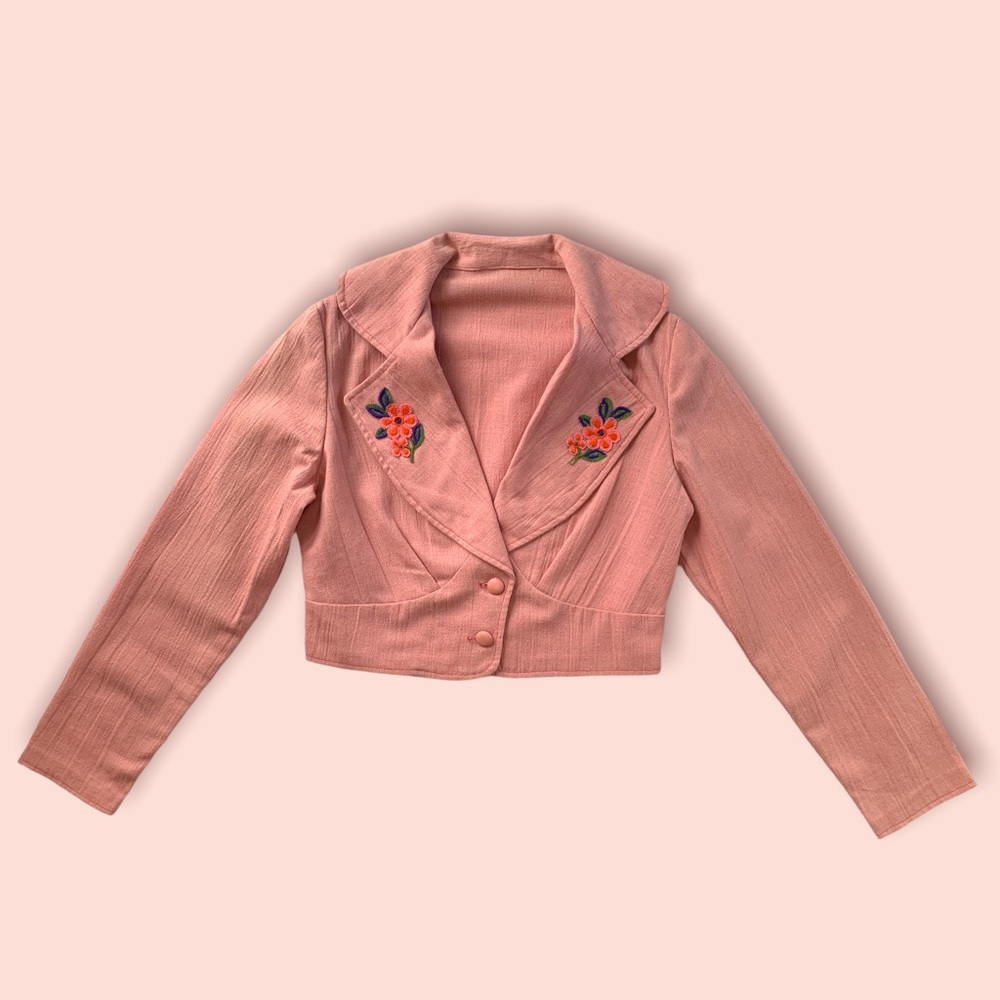 Vintage 1980s Pink Linen Cropped Jacket with Floral Embroidered Patches